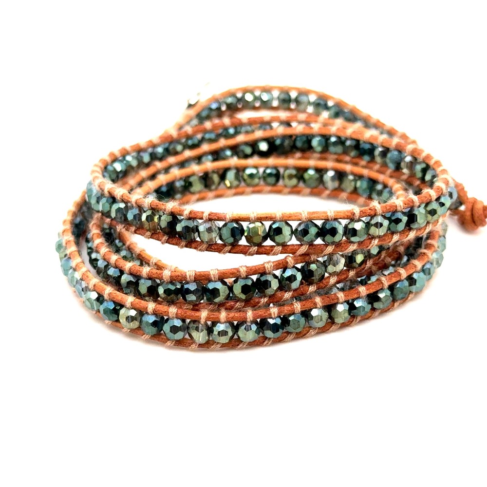 Victoria Emerson Forest Green Crystal 5 Wrap Bracelet Leather Tan Adjustable
